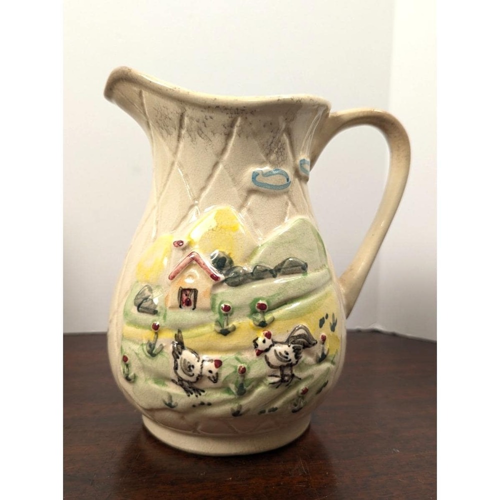 Vintage Hand Painted Country Farm Pitcher Chicken Cottage Farmhouse Pottery